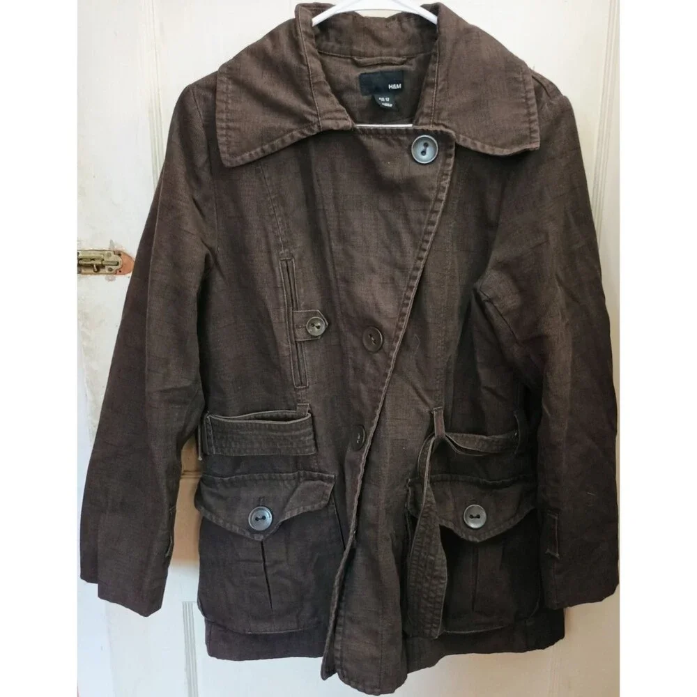 H&M Women's Brown Double Breasted Utility Jacket Coat Belted Size 14 EU 44